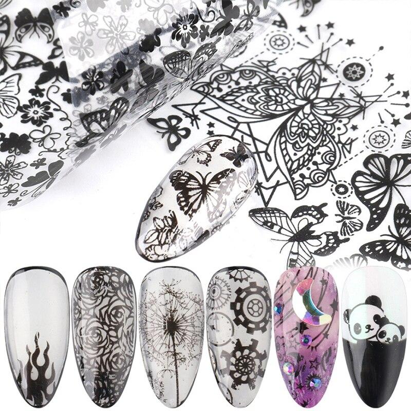 10Pcs/Pack Black Butterfly Panda Lace Art Decoration Water Transfer Sticker Decals Nail Accessories