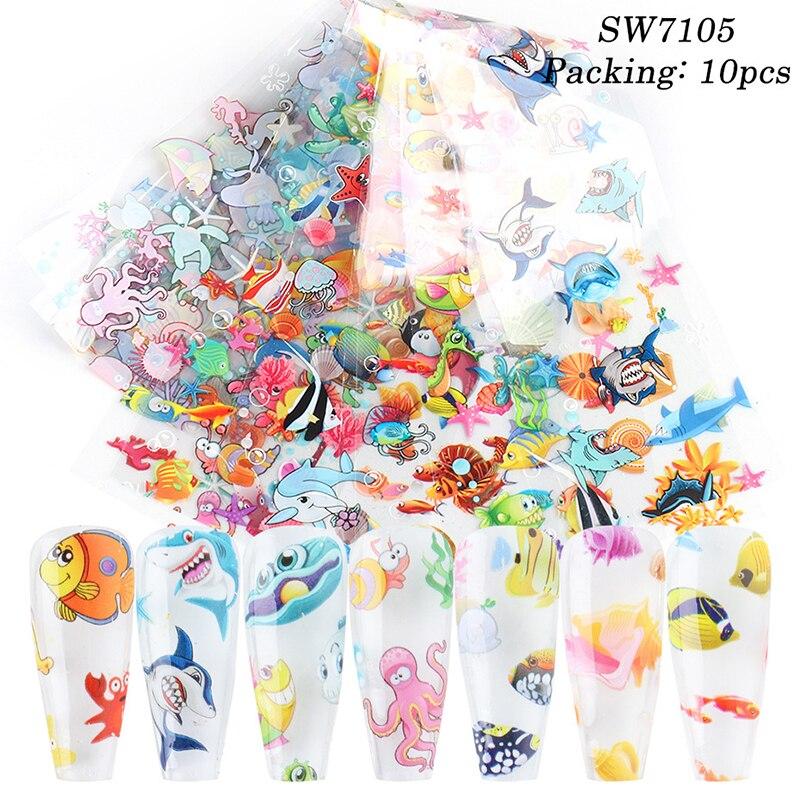 10Pcs/Pack Nail Art Decorative Stickers Underwater World Animals Water Transfer Sticker Decals Nail Accessories
