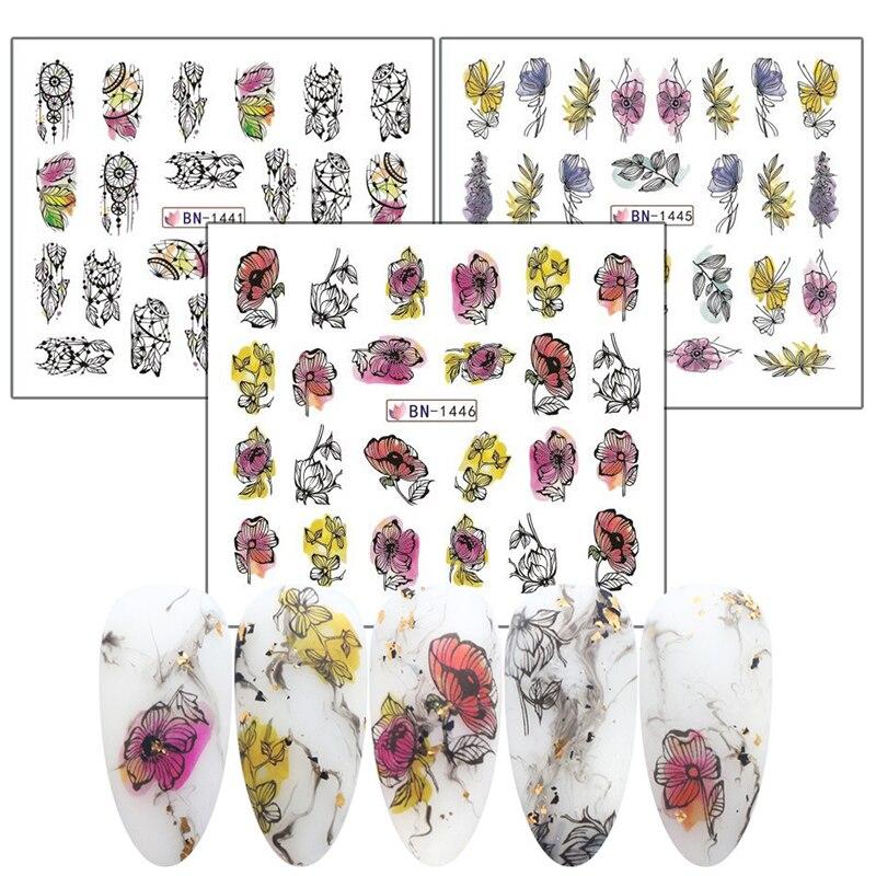 12Pcs/Set Nail Art Decorative Stickers Black White Flowers Water Transfer Sticker Decals Nail Accessories
