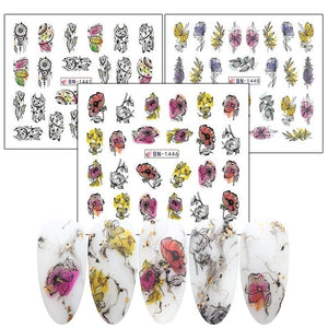12Pcs/Set Nail Art Decorative Stickers Black White Flowers Water Transfer Sticker Decals Nail Accessories