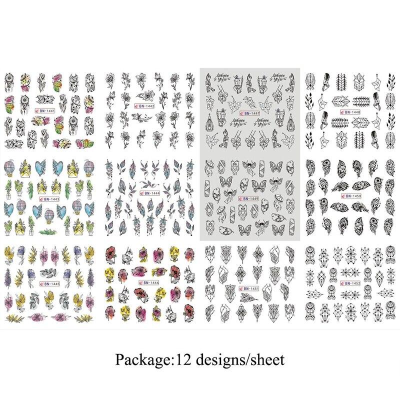 12Pcs/Set Nail Art Decorative Stickers Black White Flowers Water Transfer Sticker Decals Nail Accessories