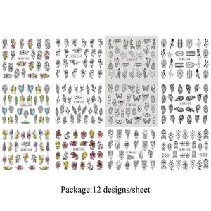 12Pcs/Set Nail Art Decorative Stickers Black White Flowers Water Transfer Sticker Decals Nail Accessories