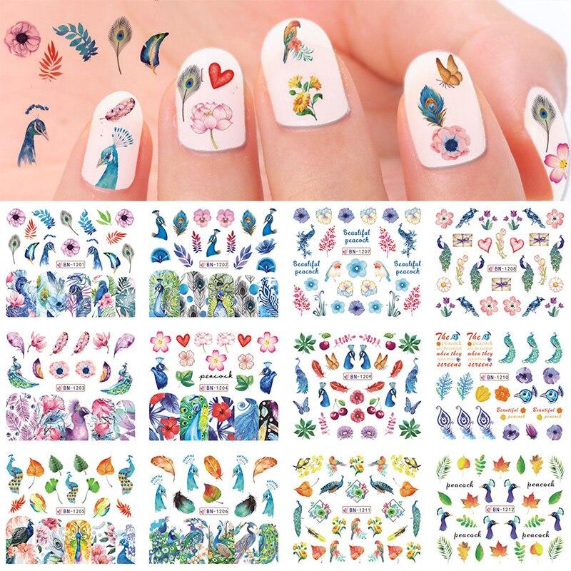12Pcs/Set Nail Art Decorative Stickers Water Color Peacock Leaf Wate Transfer Sticker Decals Nail Accessories