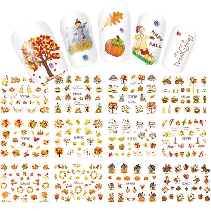 12Pcs/Set Thanksgiving Maple Leaf Pumpkin Autumn Colors Nail Art Decoration Water Transfer Sticker Decals Nail Accessories