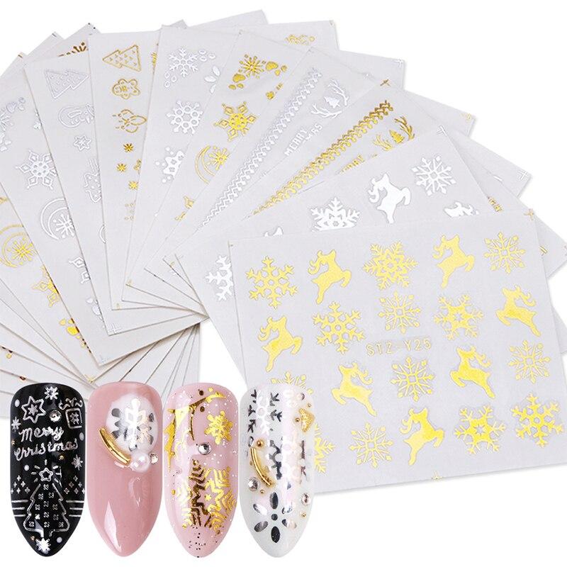 16 Pcs/Pack Gold Silver Snowflake Elk Christmas Nail Art Decoration Water Transfer Sticker Decals Nail Accessories