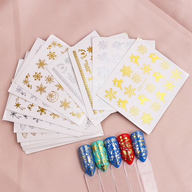 16 Pcs/Pack Gold Silver Snowflake Elk Christmas Nail Art Decoration Water Transfer Sticker Decals Nail Accessories