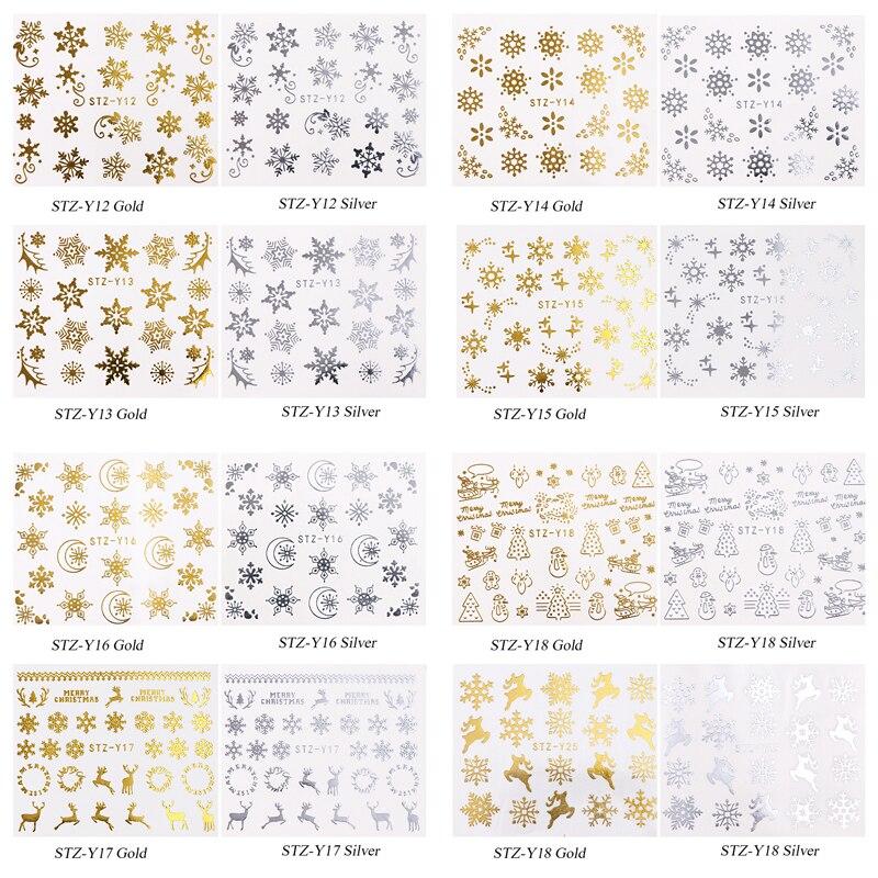 16 Pcs/Pack Gold Silver Snowflake Elk Christmas Nail Art Decoration Water Transfer Sticker Decals Nail Accessories