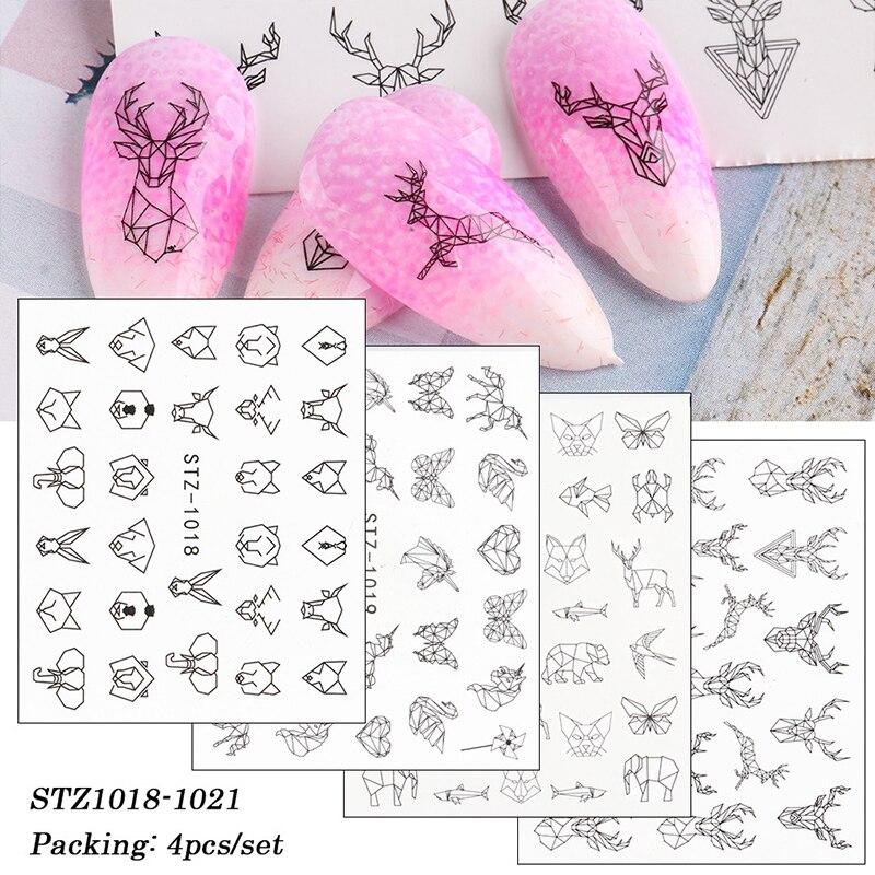 4Pcs/Set Human Face Black Line Art Decoration Water Transfer Sticker Decals Nail Accessories