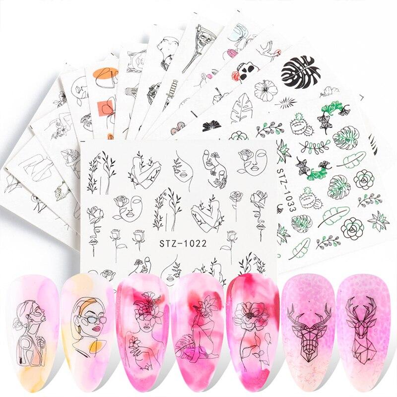 4Pcs/Set Human Face Black Line Art Decoration Water Transfer Sticker Decals Nail Accessories