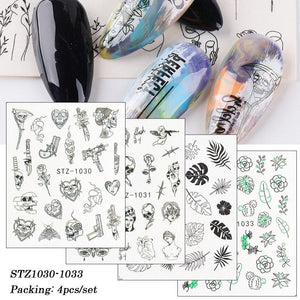 4Pcs/Set Human Face Black Line Art Decoration Water Transfer Sticker Decals Nail Accessories