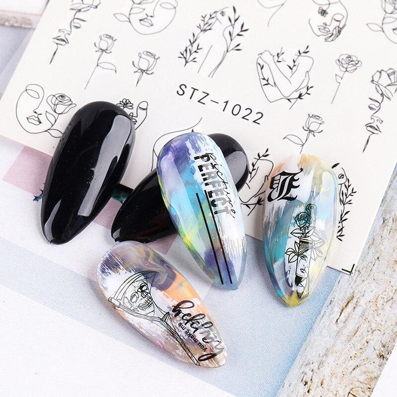 4Pcs/Set Human Face Black Line Art Decoration Water Transfer Sticker Decals Nail Accessories