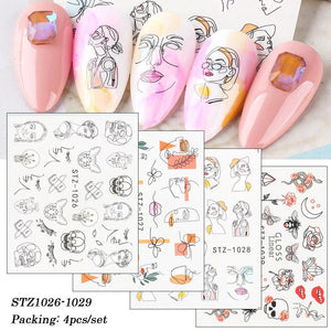 4Pcs/Set Human Face Black Line Art Decoration Water Transfer Sticker Decals Nail Accessories
