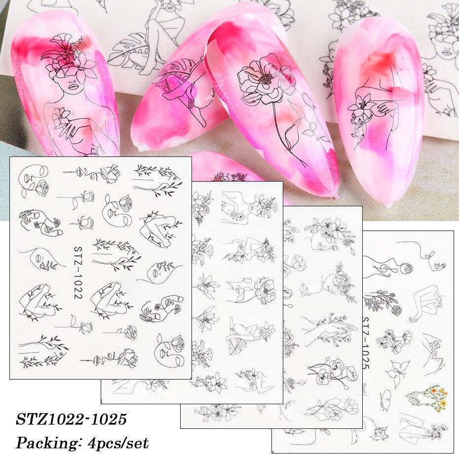4Pcs/Set Human Face Black Line Art Decoration Water Transfer Sticker Decals Nail Accessories
