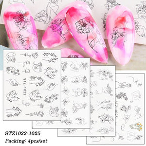 4Pcs/Set Human Face Black Line Art Decoration Water Transfer Sticker Decals Nail Accessories