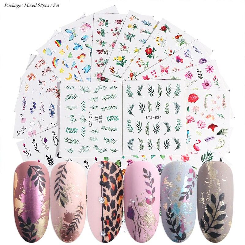 68Pcs/Set Floral Flower Leopard Eye Butterfly Rainbow Nail Art Decoration Water Transfer Sticker Decals Nail Accessories