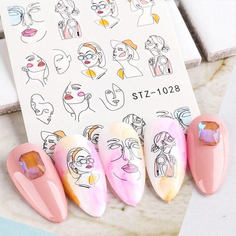 8Pcs/Pack Classic Human Face Black Line Art Decoration Water Transfer Sticker Decals Nail Accessories